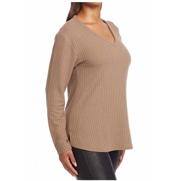 Chaser Sweaters - NWOT Chaser Womens Waffle Knit Brown V-Neck Top Shirt Long Sleeve L $50 Z1000